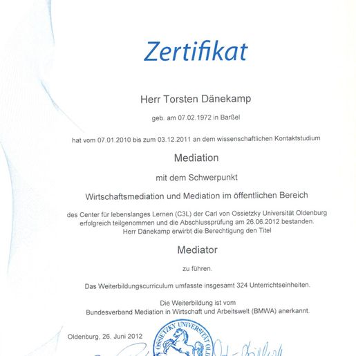 Anwaltskanzlei Torsten Dänekamp Barßel Zertifikat Mediation